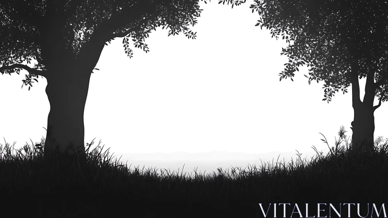 Whispering tree silhouettes framing a quiet dawn meadow.