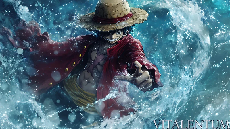 Straw-hatted storm dancer punching through tidal chaos.