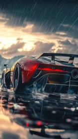 Aerodynamic hypercar accelerates on wet reflective track surface