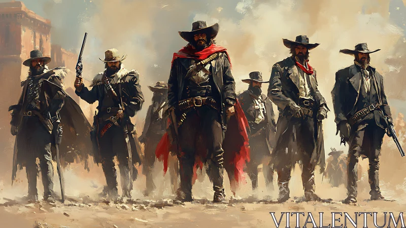 Digital painting of outlaw gunslingers in cinematic formation.