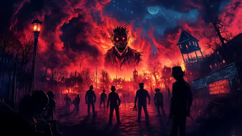 Crimson storm births a burning demon above doomed town