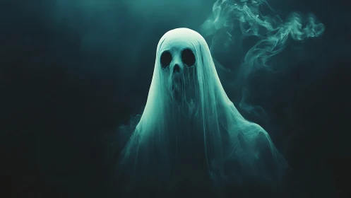 Eerie spectral figure emerges from teal smoke in darkness