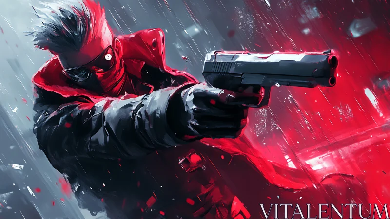 Cyberpunk gunman extends pistol through neon rainstorm.