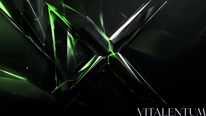 Futuristic metallic X abstract art with neon green highlights.