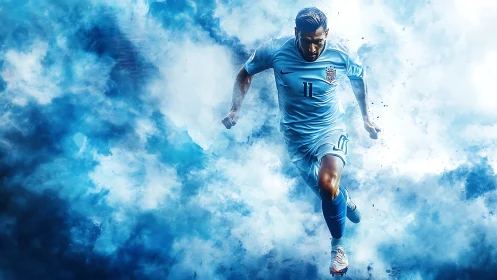 Electric blue soccer sprint through swirling match clouds.