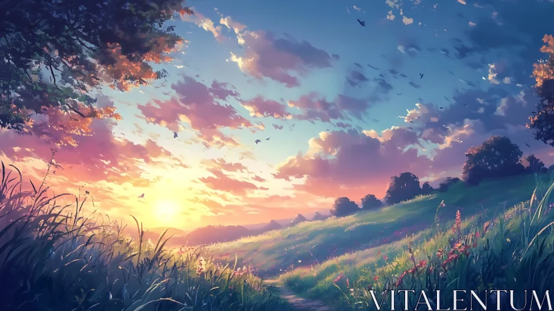 Sunrise over wildflower meadow under vivid painted sky.