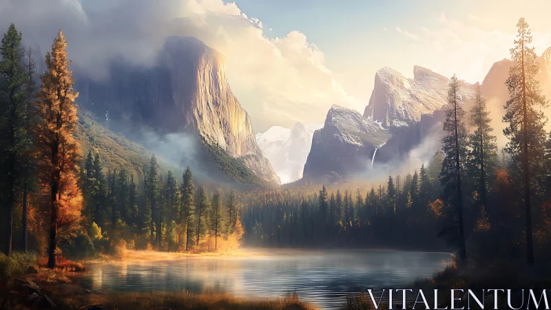 Mountain lake valley with pine forest in warm morning light.