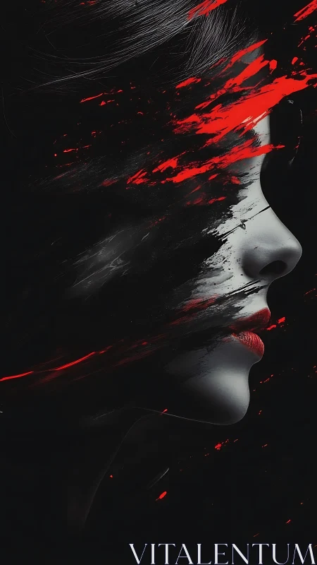 Shrouded profile in red brushstrokes on deep noir field.