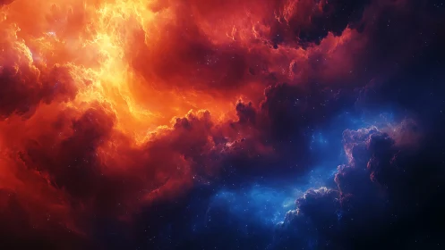 Fiery red and cool blue nebula clouds in deep space.