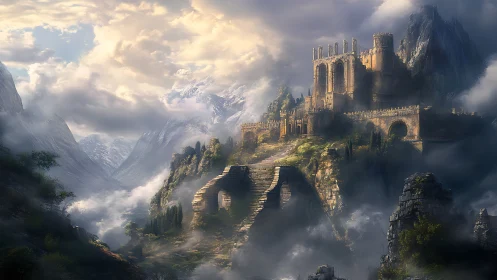Stormlit mountain citadel above misty ruined stairway.