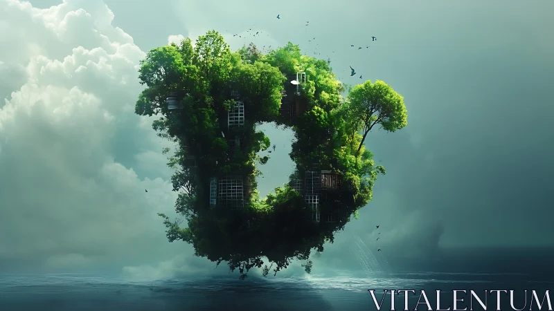 Floating ring-shaped forest island over calm ocean.