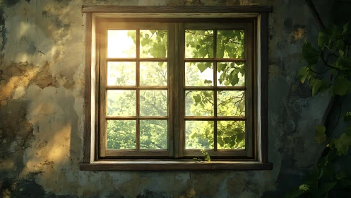 Sunlit foliage framed by weathered dual-pane rustic window.