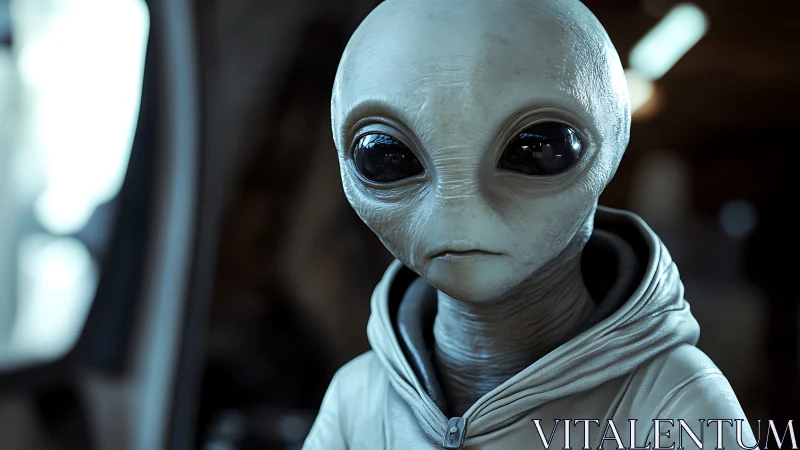 Softly lit grey alien portrait in casual white hoodie.