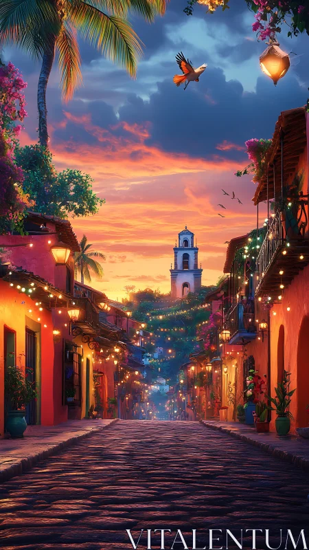 Sunlit colonial street converges toward distant bell tower