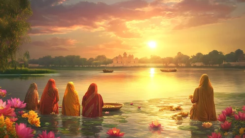 Sunrise prayers on lotus-bright river, wrapped in saffron light.