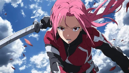 Pink haired anime swordswoman lunging with katana midair