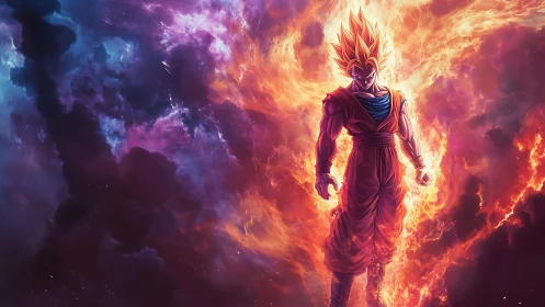 Energy-charged anime warrior amid vivid cosmic flames.