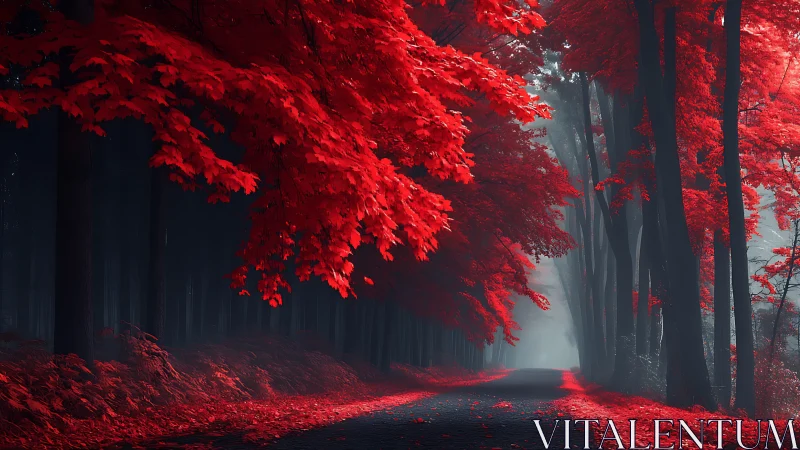 Crimson Woodland Beckons Through Mist-Shrouded Ancient Trees