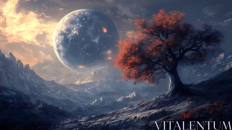 Crimson tree beneath burning planet in frozen valley dusk.