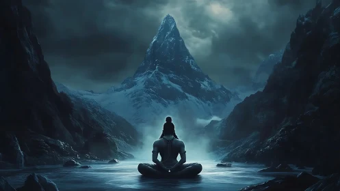 Meditating figure faces towering icy mountain under storm