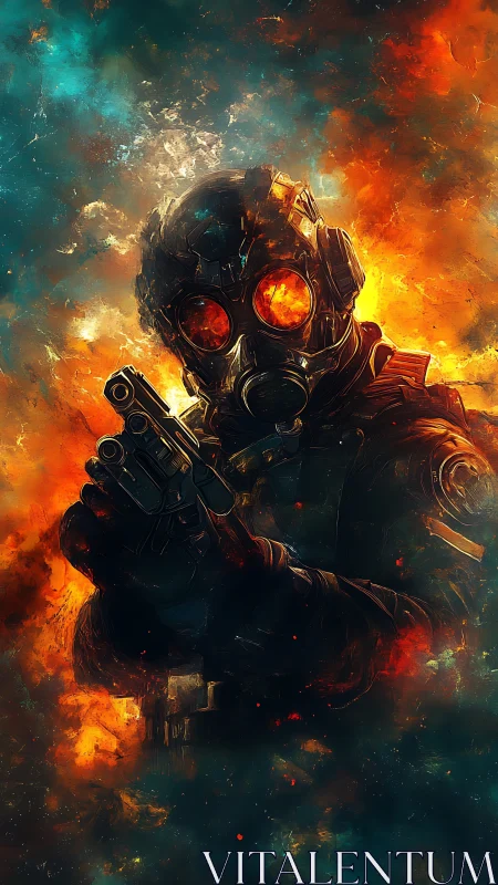 Ember-eyed wasteland operative framed in cosmic firestorm.