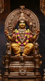 Polychrome Hindu deity sculpture on ornate gilded pedestal.
