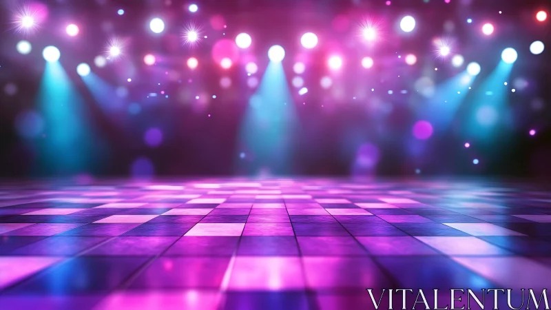 Empty tiled dance floor under multicolored stage lighting.