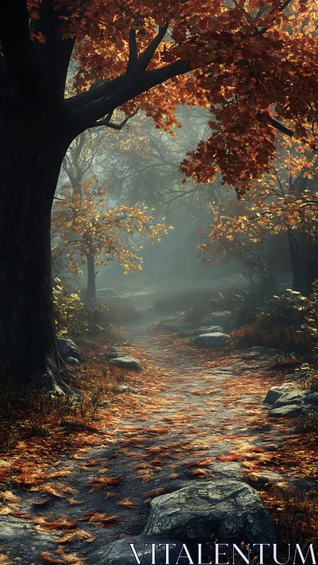 Golden Autumn Path Through Misty Woods.