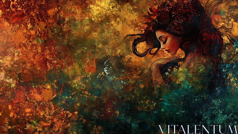 Solitary female figure in textured fiery abstract field.