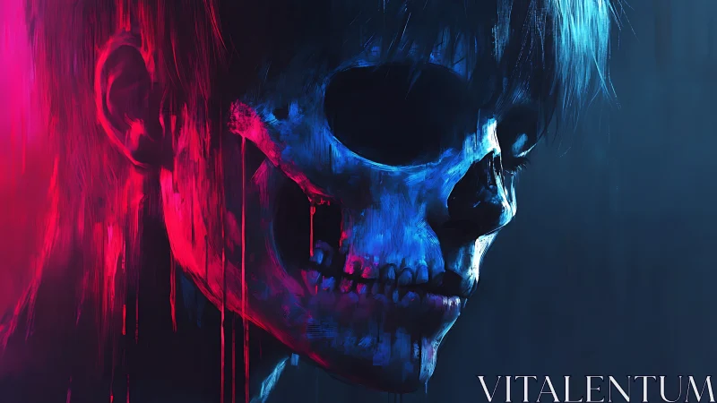 Neon-lit skull portrait merges human profile with spectral decay