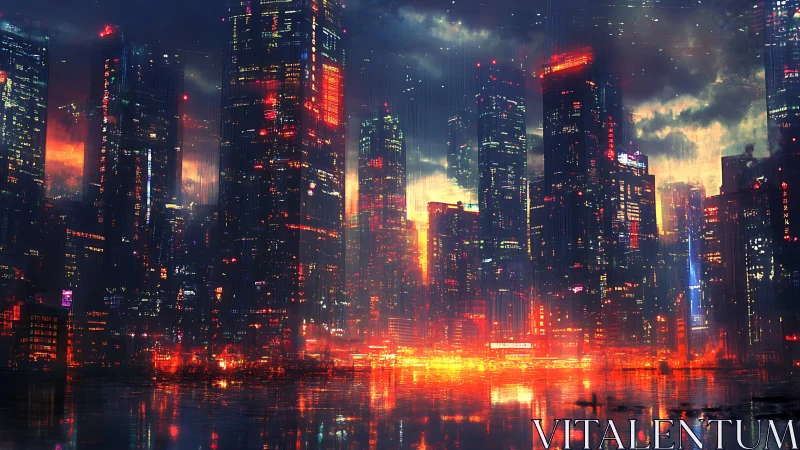 Neon-soaked cyberpunk skyline glows over rainy harbor.