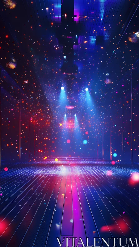LED floor interior with colored spotlights and particles.