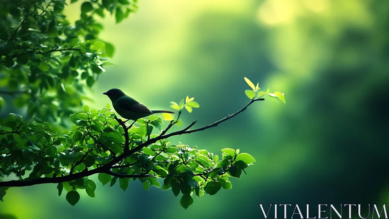 Small bird perched on leafy branch in serene green forest scene.