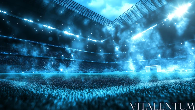 Floodlit football stadium shows blue-tinted pitch and mist