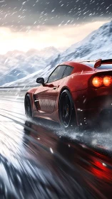 Red supercar races through a stormy alpine mountain pass