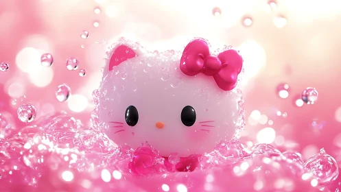 Kawaii bubble cat head in luminous pink liquid environment.