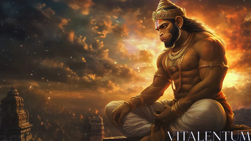 Radiant monkey warrior meditates above a glowing ancient city