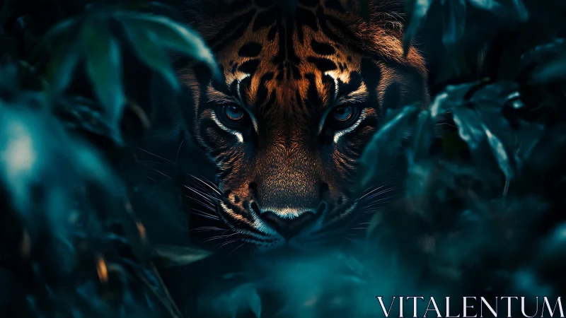 Predatory tiger gaze framed by dense teal jungle foliage.