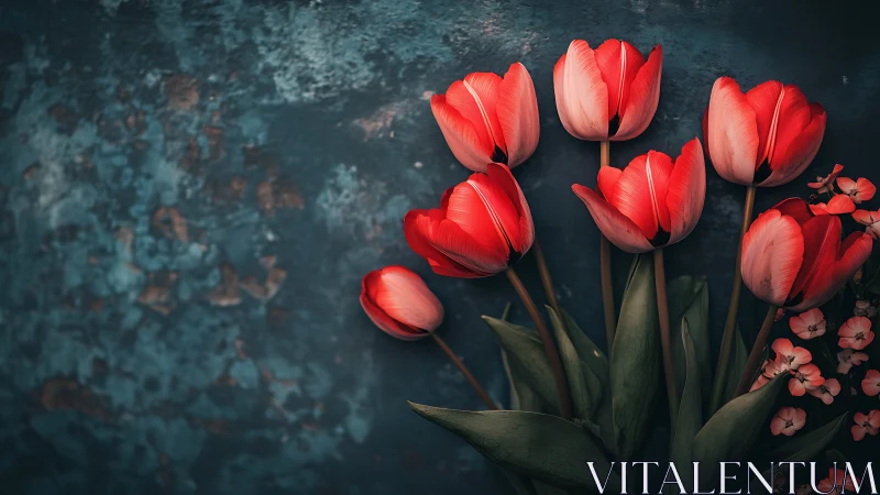 Red Tulips on Distressed Teal Background. Still Life Study.