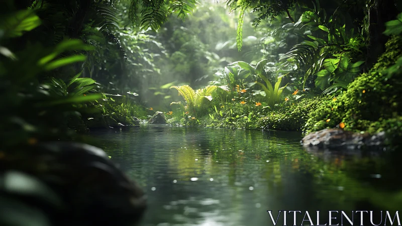 Dense rainforest pool with reflective water surface.