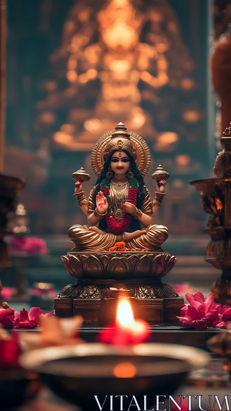 Photorealistic Lakshmi idol on lotus pedestal with temple bokeh.