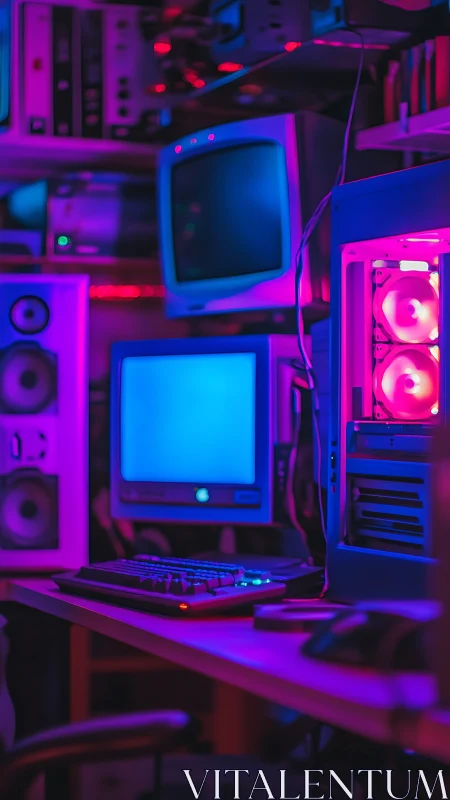 Retro neon computer setup glows in a nostalgic gaming den