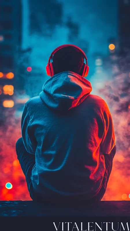 City listener unwinds in neon haze with glowing headphones.