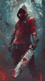 Hooded masked figure holding bloody chainsaw in forest