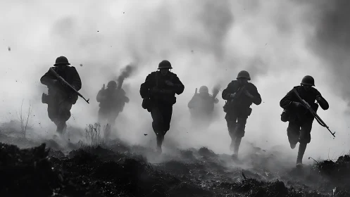World War infantry charge through dense battlefield smoke.