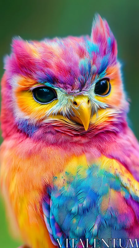 Rainbow-feathered owl gazes like a tiny cosmic guardian.