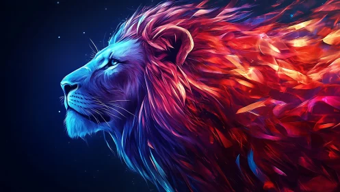 Profile view of neon lion with abstract flowing mane.