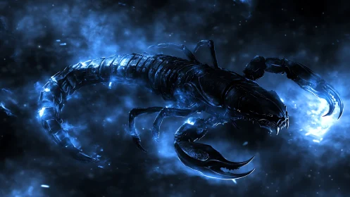 Bioluminescent alien scorpion drifting in deep space.