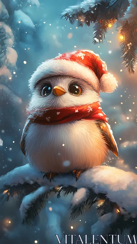 Festive baby owl in Santa hat rests on snowy fir branch.