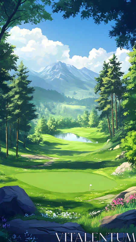 Sunlit mountain golf green framed by forest and lake